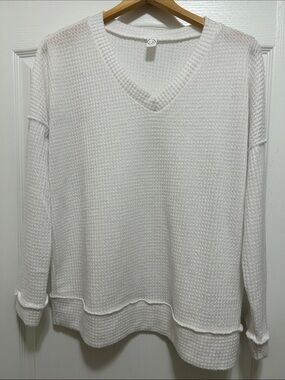 White V-Neck Waffle Knit Women's Sweater